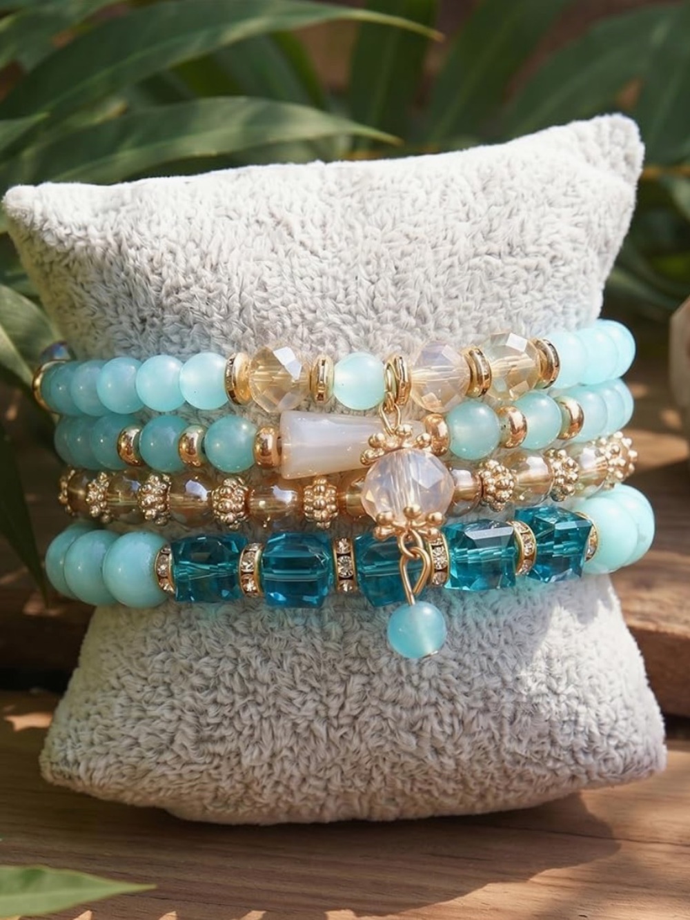 Anthropologie Aqua & Teal Layered Beaded Bracelet Set